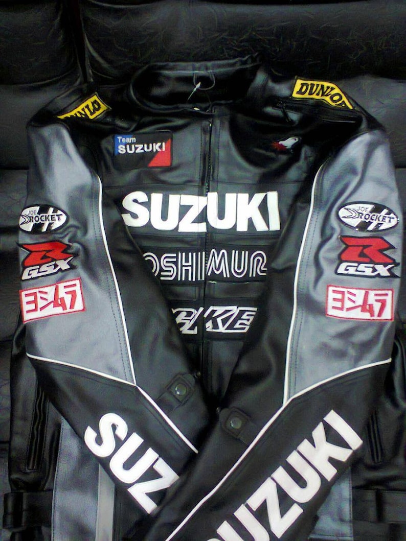 Men's Suzuki Rocket Motorbike Racing Motorcycle Cowhide Black Leather Jacket image 1