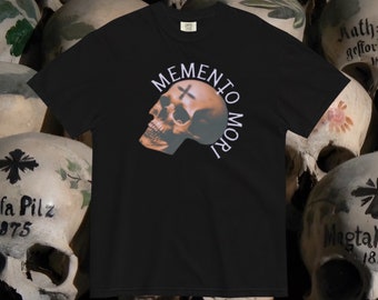 Memento Mori Tee, "Remember Your Death" in Latin, Catholic T-shirt, Lent, Ash Wednesday, skull graphic, goth