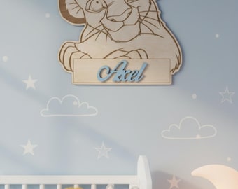 The Lion King plaque, Simba with personalized baby name in varnished wood, gift for birthday, christening, birth, for her, child, baby.
