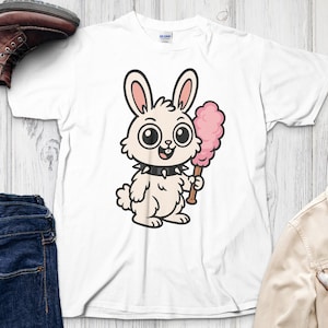 Bonita camiseta de conejito punk, camiseta con estampado de conejo de algodón de azúcar, divertida camiseta de animal con cuello puntiagudo, regalo de algodón suave para ella o fans del kawaii.