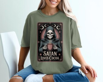 Satan Loves Cocoa Comfort Colors Tee: Gothic Skeleton Hot Chocolate Shirt
