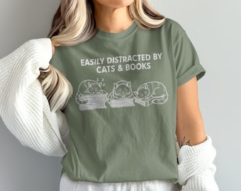 Easily Distracted by Cats & Books Shirt, Cat Lover Book Tee, Funny Cat Bookish Gift