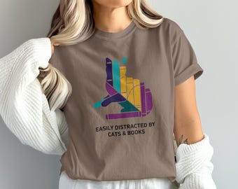 Easily Distracted by Cats and Books Shirt, Funny Cat Book Lover Tee, Cute Bookish Cat T-Shirt, Cat Lover Gift