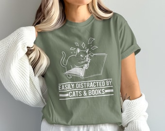 Easily Distracted by Cats & Books Shirt, Funny Cat Book Lover Tee, Cat Lover Gift, Cute Bookish Cat T-Shirt