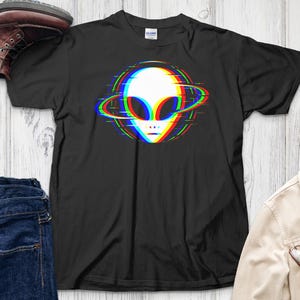 RGB Glitch Alien Head T-Shirt: Techno Rave Cyberpunk Spacewear