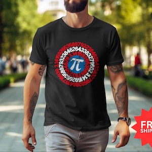 May include: A black t-shirt with a red, white, and blue circle design featuring the mathematical constant pi and its digits. The circle design resembles a superhero's shield.