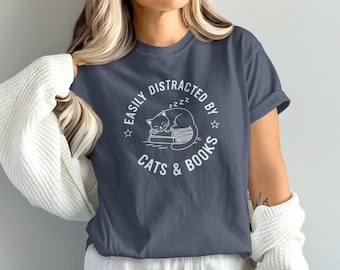 Easily Distracted by Cats & Books Shirt, Funny Cat Book Lover Tee, Cute Cat Reading T-Shirt, Cat Lover Gift