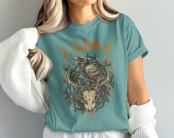 Koszulka Comfort Colors® F-Caw-F Crow, zabawna koszulka z czaszką kruka, koszulka z humorem w kolorze czarnym, koszulka z grafiką F Off Crow Gothic Halloween