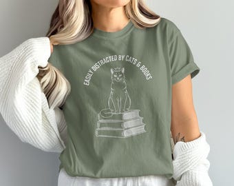 Easily Distracted by Cats & Books Shirt, Funny Cat Book Lover Tee, Cat Lover Gift, Cute Bookish Cat T-Shirt