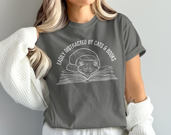 Easily Distracted by Cats & Books Shirt, Funny Cat Book Lover Tee, Cute Cat Reading T-Shirt, Cat Lover Gift