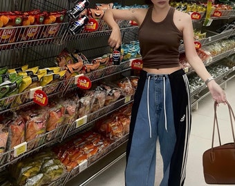 Denim X Sweatpants, Y2K sport Hippie Pants, Patchwork Pants / Denim sport pants / Women Pants / Two Tone Denim black/ Custom style /Swaggy