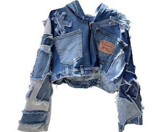 Denim reworked jacket Hoodie custommade/ Reworked denim patchwork / Vintage levis denim / Special gift for yourself your love