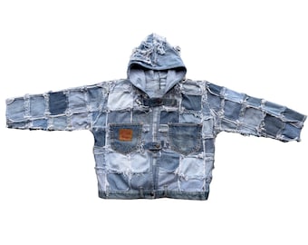 Denim reworked jacket Hoodie / Grid pattern/ Reworked denim patchwork / Vintage levis denim / Special gift for yourself