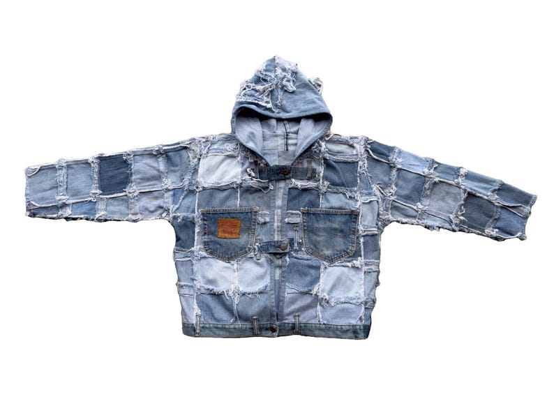 Omarbetad vintage Levi's denimhoodie: Rutmönsterjacka bild 1
