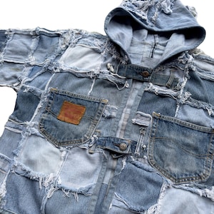 Omarbetad vintage Levi's denimhoodie: Rutmönsterjacka bild 3