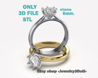 May include: A 3D model STL file of a gold and silver engagement ring with a 6mm round diamond. The ring is designed with a flower-shaped setting for the diamond.