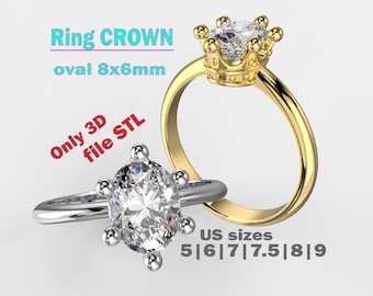 May include: A 3D printable STL file for a ring with a crown setting and an oval shaped stone. The ring is available in US sizes 5, 6, 7, 7.5, 8, and 9.