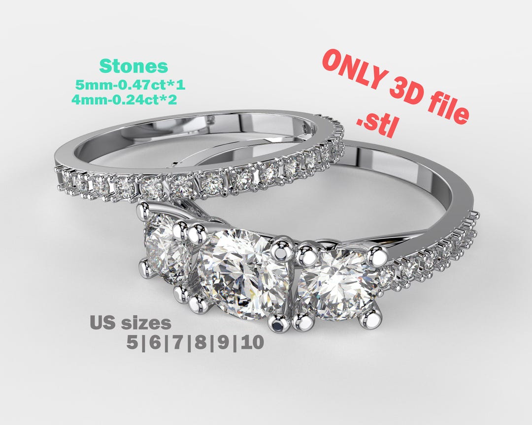 Engagement Double Ring STL File: 3-stone 3D Model - Etsy