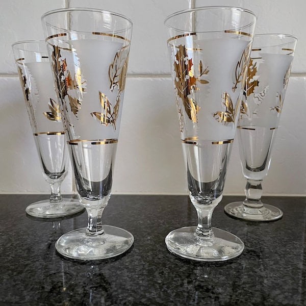 Vintage Libbey Champagne Glasses: Mid-Century Frosted Gold Leaf Pilsners