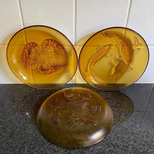 KIG Indonesia Vintage Amber Glass Embossed Plates Pasari Koi Fish/Gold Fish/Lobster/Crayfish