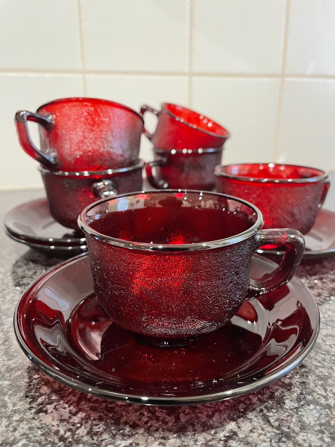 Vintage Ruby Red Tea Cup and Saucer Set of Six Arcoroc Sierra Made in ...