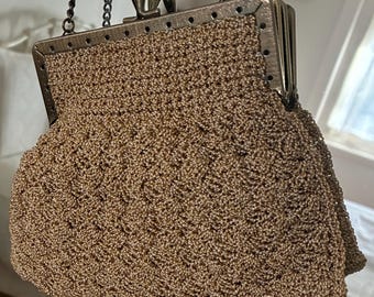 Vintage Crochet Lurex Evening Bag: Golden Cream Wrist Pouch