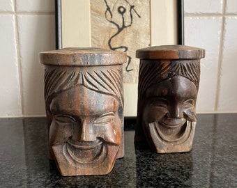 Vintage Hand Carved Wooden Native Face Candlestick Incense Holders Handmade Vintage Carvings