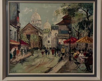 Vintage French Provincial Oil On Board Painting Place Du Tertre Sacre Coeur Basilica Montmartre France Wood Frame Artist Signed