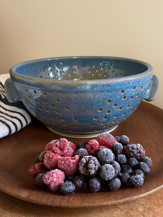 Stoneware Glazed Pottery Berry Bowl Colander With Handles Mottled Blue Brown Handmade Hand Thrown Studio Art Pottery Artist Signed
