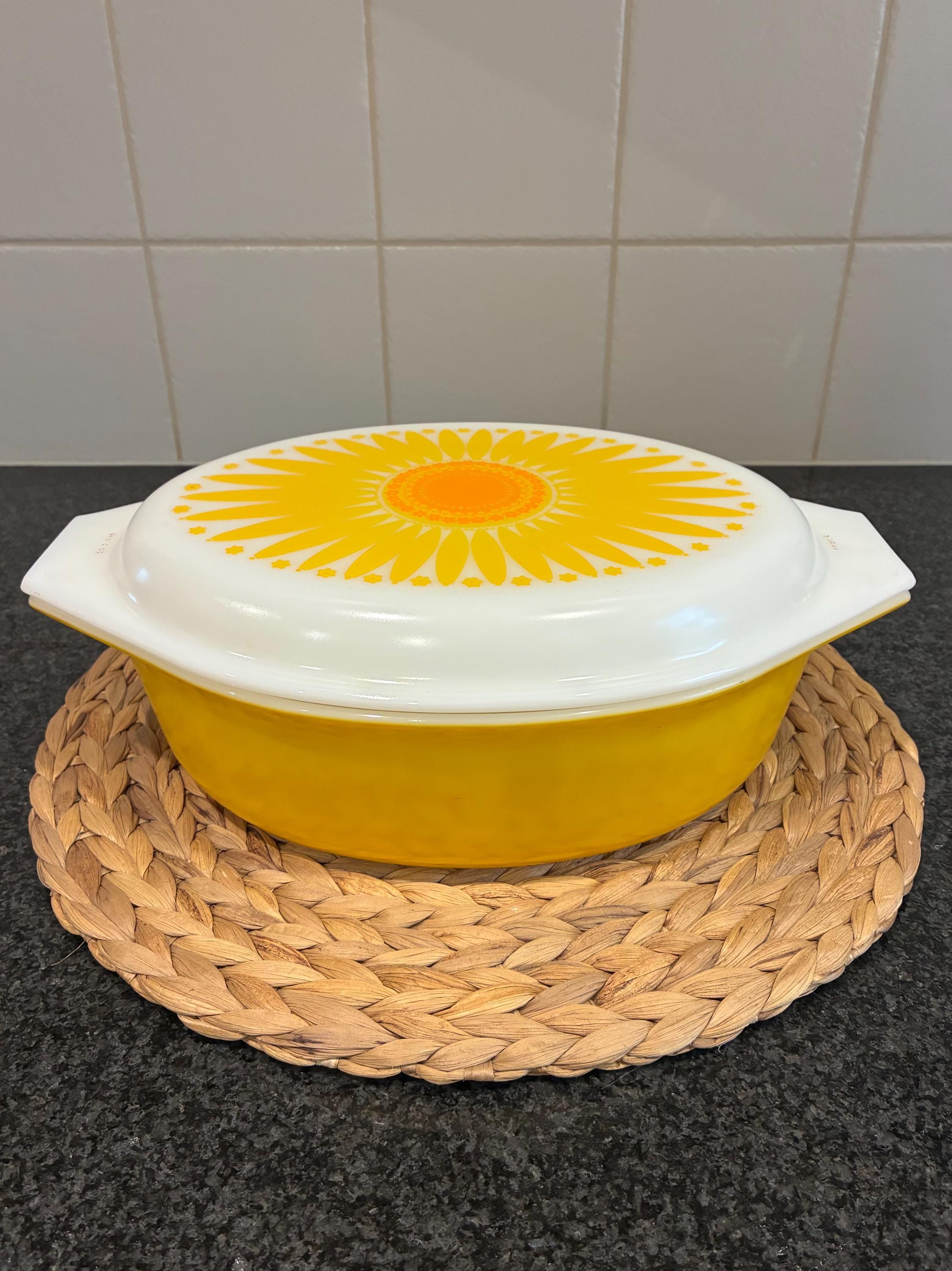 Vintage Yellow Sunflower Pyrex Oval Casserole Dish With Lid Two