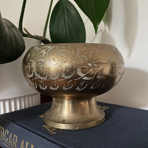 Vintage Etched Brass Pedestal Bowl Etched Floral Design Trinket Bowl