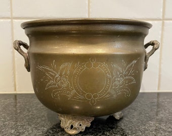 Vintage Etched Brass Footed Jardiniere Planter With Ornate Handles And Feet Handmade In India