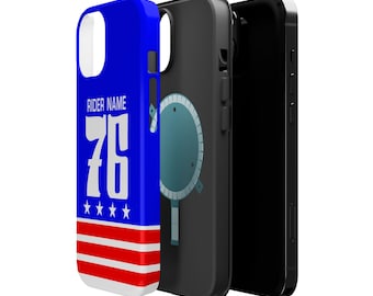 Funda para teléfono personalizada Patriot Motocross con nombre y número del piloto personalizados. Funda magnética resistente para teléfono.