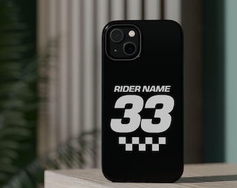 Funda para teléfono móvil minimalista personalizada con diseño de motocross, nombre y número del piloto personalizados, magnética y resistente.