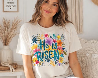 Él ha resucitado - Diseño floral cristiano de Pascua PNG - Gráfico de sublimación de primavera y fe (descarga digital)