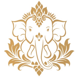 Może przedstawiać: Złota liniowa ilustracja hinduskiego bóstwa Ganesha, boga o głowie słonia, z ozdobnymi wzorami kwiatowymi wokół głowy i ciała.