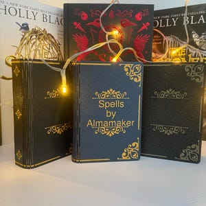 Peut inclure: Plusieurs boîtes décoratives en forme de livre, certaines avec des détails dorés et le texte "Spells by Almamaker". Les boîtes sont devant des livres de Holly Black, avec des guirlandes lumineuses. Les boîtes sont bleu foncé et noires.
