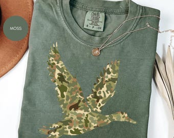 Camo Flying Mallard Duck Shirt, Duck Hunting T-Shirt, Waterfowl Hunter Gift, Outdoor Camo Tee, Country Lifestyle Top, Rustic Fall Shirt