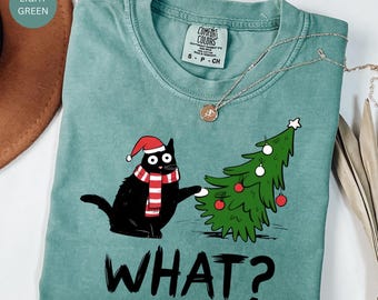 Funny Christmas Cat Shirt, Black Cat Xmas T-Shirt, Cat Knocking Tree Shirt, Santa Hat Cat Tee, Funny Pet Lover Gift, Unisex Comfort Colors