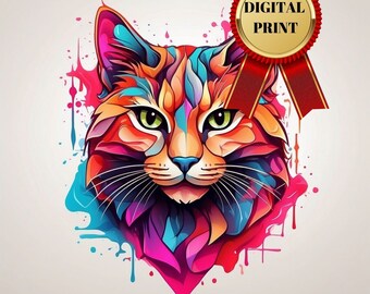 Geometric Cat Art Print, Wall Art Deco, Minimalist Contemporary, Animal decoration, Colorful Cat