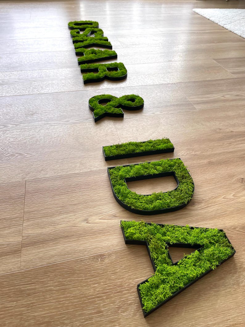 Pu&ograve; includere: Lettere di muschio verde che compongono la parola "BIRTHDAY" disposte su un pavimento in legno. Ogni lettera ha un bordo nero ed &egrave; riempita di muschio verde brillante. Le lettere sono disposte in modo informale e sparso.