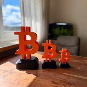 Può includere: Tre simboli Bitcoin arancioni su basi nere, disposti in ordine decrescente di dimensione da sinistra a destra.