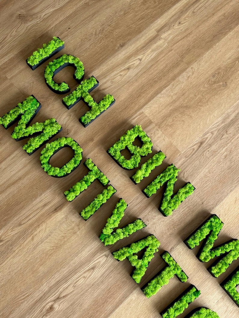 Pu&ograve; includere: Lettere di muschio verde che compongono la scritta "ICH MOTIVATION BIN" su una superficie di legno. Le lettere sono in cornici nere, creando un effetto 3D. Il muschio &egrave; di un verde vibrante, in contrasto con le venature del legno.