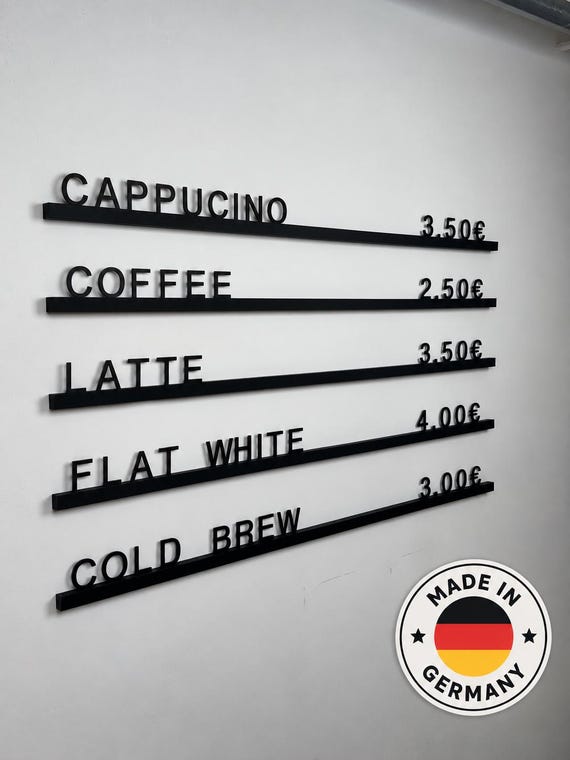 Menüboard für Café & Bar | Individuelles Kaffee Menüleisten | 3D-gedrucktes Preisschild | Deko | Viele Farben | Kaffee Bar Restaurant | Menü