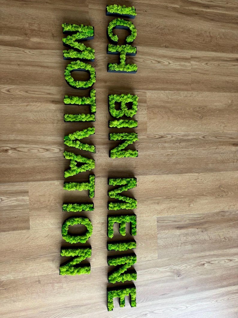 Pu&ograve; includere: Lettere di muschio verde che compongono le parole "MOTIVATION" e "ICH BIN MEINE" su una superficie di legno. Le lettere sono montate su basi nere, creando un effetto 3D. Il muschio &egrave; di un colore verde vibrante.