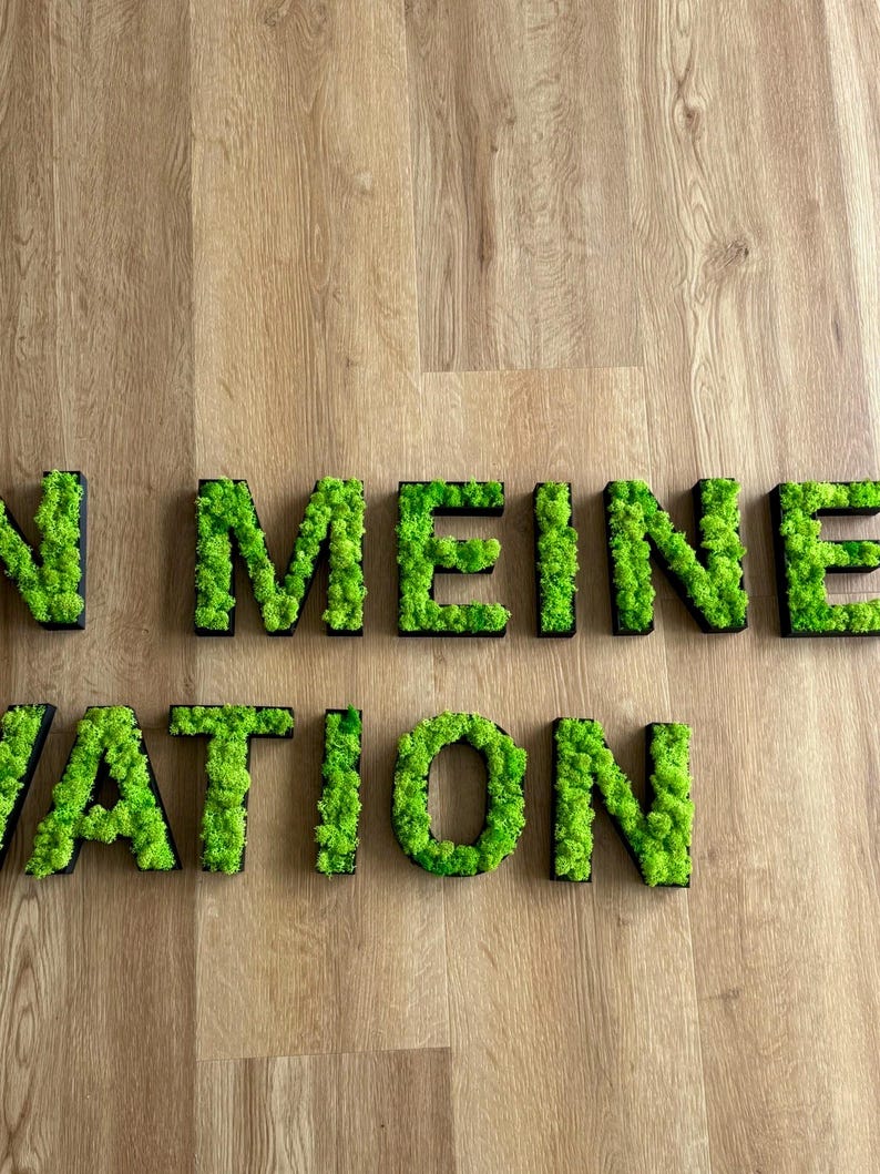 Pu&ograve; includere: Lettere di muschio verde che compongono "N MEINE ATION" su una superficie di legno. Le lettere sono bordate di nero e riempite di muschio verde vibrante, creando un aspetto strutturato e naturale. Lo sfondo in legno &egrave; di colore marrone chiaro.