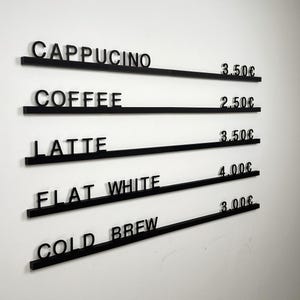 Tablero de menú para cafetería y bar | Barras de menú de café individuales | Etiqueta de precio impresa en 3D | Decoración | Muchos colores | Café Bar Restaurante | menú