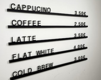 Menu board for cafes & bars | Custom coffee menu strips | 3D-printed price tags | Decoration | Many colors | Coffee bar restaurant | Menu