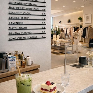 May include: A menu board with black horizontal slats displaying drink names and prices, including Iced Matcha Latte, Strawberry/Mango, Raspberry White Choc, Coconut Cloud, Lychee Cloud, Lavender, Matchagato, Banana Pudding, and Xoxo Cream Topping.