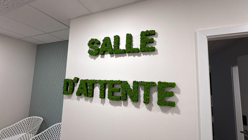 Pu&ograve; includere: Lettere di muschio verde compongono "SALLE" sopra "D'ATTENTE" su un muro bianco. Le lettere tridimensionali creano un aspetto naturale e strutturato. La scena suggerisce una sala d'attesa o un'area di ricevimento.